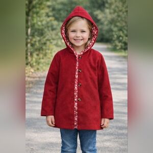 Shein Burgandy Wool Lined Hooded Coat with Floral Trim